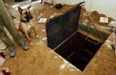 DEIR EL-BALAH, GAZA STRIP - SEPTEMBER 2: In this photo made available by the Israel Defense Force, an Israeli soldier and his dog stand at the entrance to a tunnel 2 בספטמבר 2004 in the Palestinian town of Deir el-Balah in the Gaza Strip. The army said it uncovered the tunnel, which Palestinians were apparently planning to use to carry out a terror attack in the area, leading to the nearby Jewish settlement of Kfar Darom. (Photo by Tal Naveh/IDF via Getty Images)