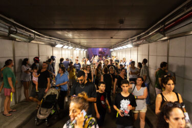 Tel Aviv, Israel - October 28, 2023 - Israeli civilians rushing into public shelters as the sirens go off during the ongoing Hamas-Israel war which started on October 7.